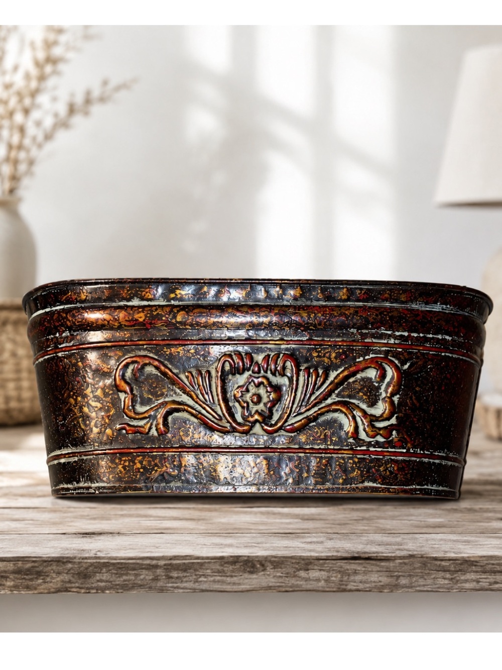 Vintage-Style Embossed Metal Storage Basket